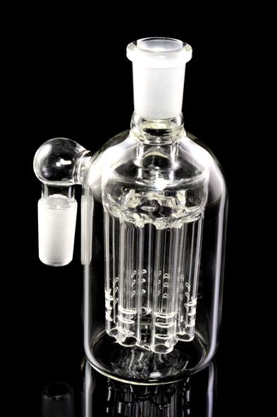 Clear 14.5 mm 90° glass ash catcher with eight-arm tree perc and frosted joints, retail smoke-shop accessory, studio angle on black.