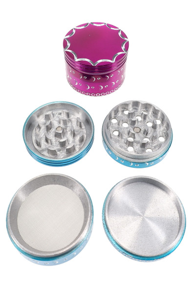 Colorful aluminum 4-part metal grinder, purple/blue variant, disassembled top-down with screen and pollen base for wholesale buyers.