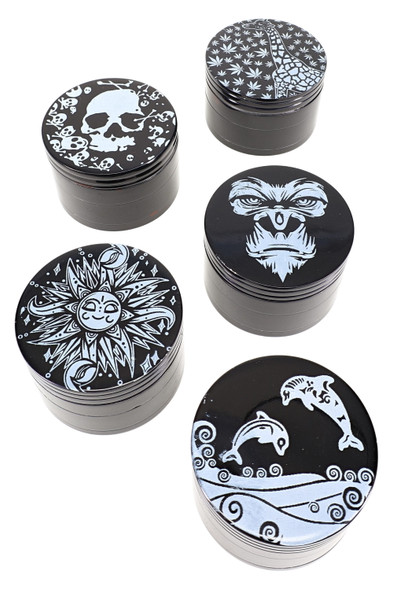 Wholesale black 4-part aluminum grinders with white decals, assorted designs, mixed sizes up to 2.5", group shot on white background.