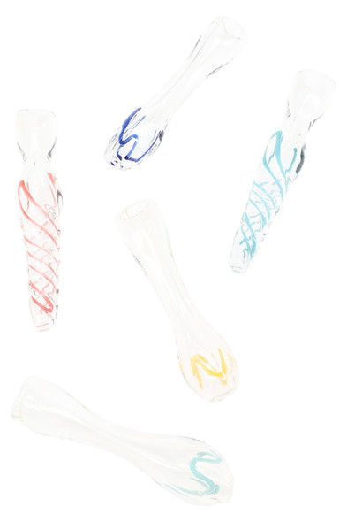 Wholesale 3-inch borosilicate glass chillum, assorted spiral stripe accents, clear one-hitter angled studio view for retail smoke gear listings.