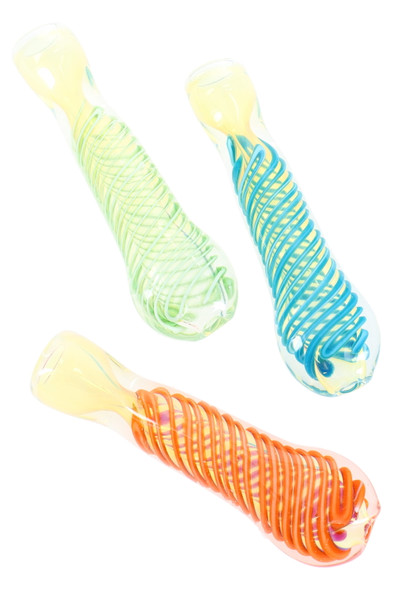 3" color-changing glass chillums with green, blue, and orange spiral stripes; trio on white, angled top view for wholesale head-shop catalogs.