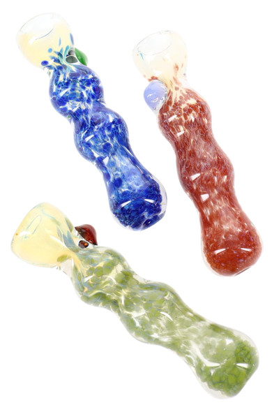 3" color-changing frit glass chillums in blue, red, and green with side marbles; compact wholesale head-shop piece on white background.