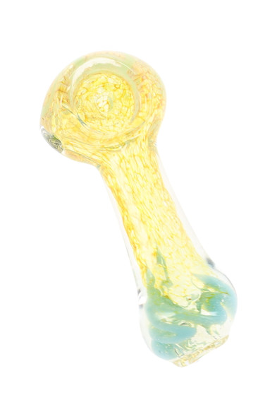 Small fumed color-changing glass spoon pipe with translucent golden finish, textured frit interior, rounded bowl, and aqua worked glass accent at the mouthpiece.