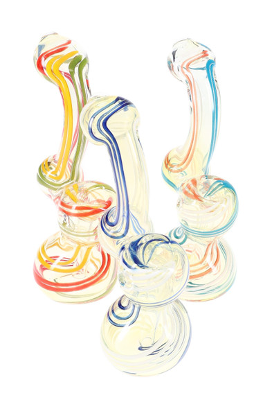 Wholesale 4-inch color-changing glass sherlock bubbler with multicolor swirl stripes, clear body, front angled product view.