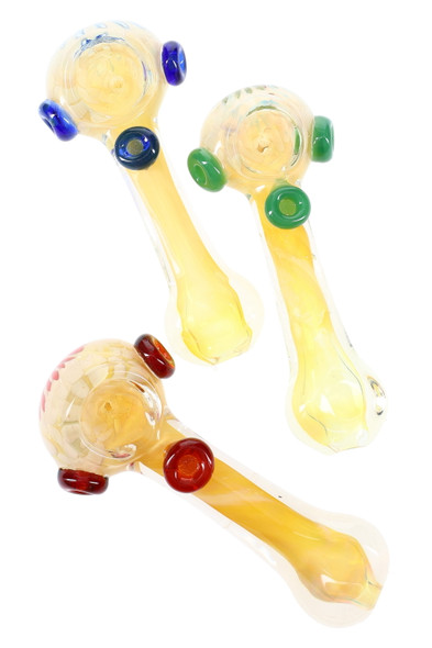 5" color-changing fumed floral glass spoon with three colored marble grips, warm yellow tone, top view for head-shop wholesale listings