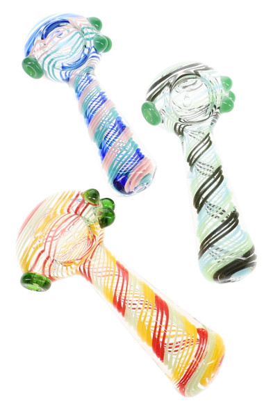 Assorted 4.5" clear multicolor swirl striped glass spoon pipes with green marble accents displayed together