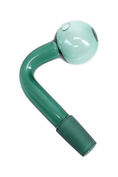 US-made 14.5 mm male colored glass oil burner attachment, green L-shape with frosted joint for head-shop wholesale buyers.