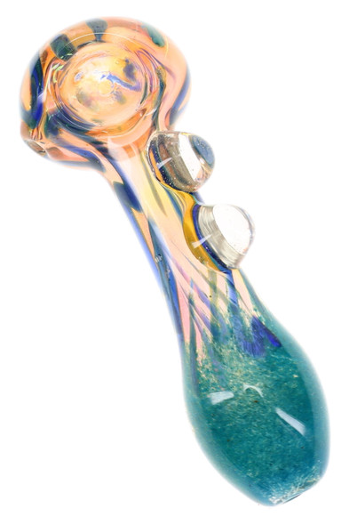 Close-up gold-fumed glass spoon pipe with blue striped detail, two clear marble accents and teal frit mouthpiece