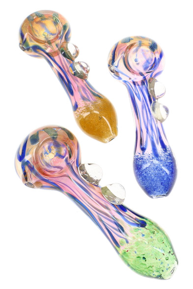 Three 5" gold-fumed glass spoon pipes with blue striping, glass marble accents and varied blue, green and amber frit ends