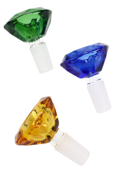 14.5 mm male colored glass-on-glass bowls with diamond-cut shape; green, blue, and amber variants on white for retail wholesale listings.