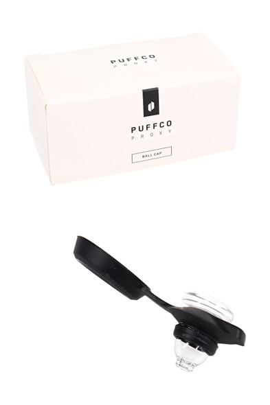 Clear glass Proxy ball cap with black silicone tether on chamber, close front angle—head-shop accessory for Puffco systems.