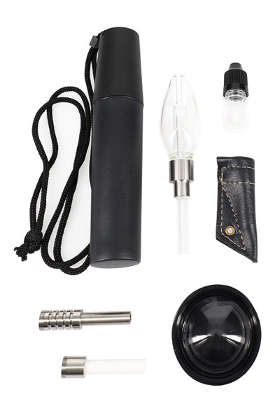5-inch glass bulb dab straw kit with screw-on quartz, metal, and ceramic tips plus silicone tray with glass lid, wholesale head-shop accessory, top-down studio view.