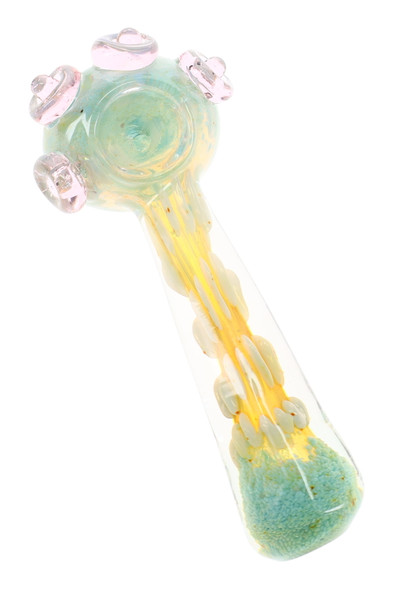 5" color-changing silver fumed frit glass spoon pipe with pale green and yellow accents shown at an angle