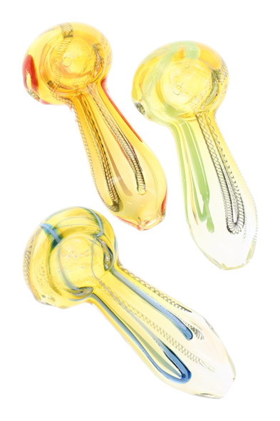 Wholesale 3-inch color-changing striped glass spoon pipe, overhead fumed glass in yellow, green and blue hues.