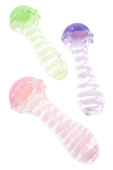 Assorted 4.5" clear glass spoon pipes with neon swirl stripe accents, featuring pink, purple, and green opaque bowls and matching decorative linework.