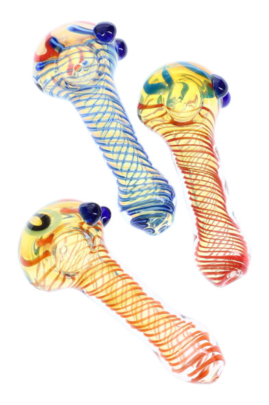 Trio of 4" color-changing spiral striped glass spoon pipes with blue marble accents in red, blue, and yellow tones for wholesale smoke-shop buyers. Trio of 4" color-changing spiral striped glass spoon pipes with blue marble accents in red, blue, and yellow tones for wholesale smoke-shop buyers.