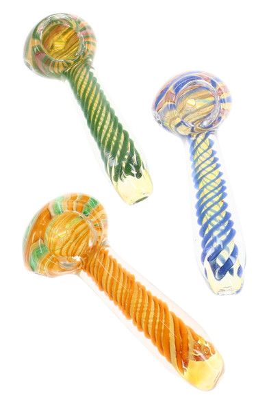 Assorted clear glass spoon pipes with colorful spiral stripe handles and multicolor swirl bowls displayed in green, blue, and orange designs