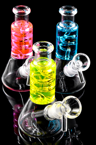 Head-shop wholesale mini beaker bong showing fluid-filled coil section and beaker base, clear glass construction, straight front product photo.