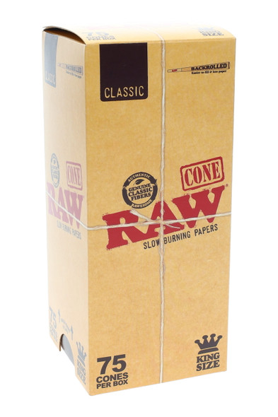 RAW Classic King Size cones 75-count kraft box for wholesale; front-left angle with twine wrap and bold RAW logo.