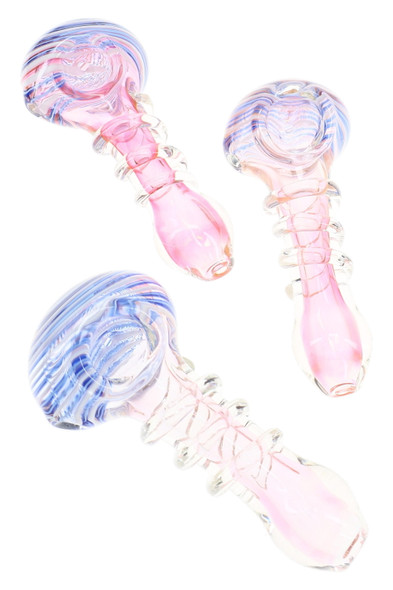 Three pink-toned 5" glass spoon pipes with blue striped bowls and clear glass coils wrapped around the stems