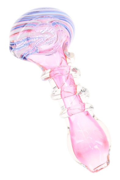 Close-up pink-toned glass spoon pipe with blue and pink striped bowl and clear raised coil wrapped around the stem