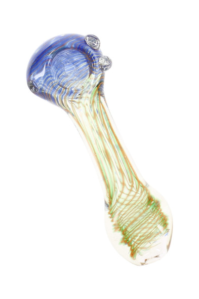 4" color-changing striped glass spoon pipe with blue bowl and green wrap, angled shot for wholesale resale