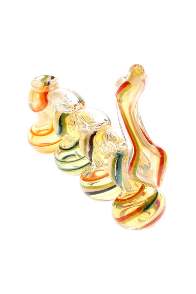 8.5" striped glass quadruple-chamber sherlock bubbler, clear with red-yellow-green bands, front angle on white for wholesale smoke-shop buyers.