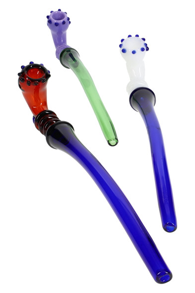 Wholesale 11.5-inch colored glass Sherlock pipes with neon marble bowl accents, long stems, blue purple red green view.