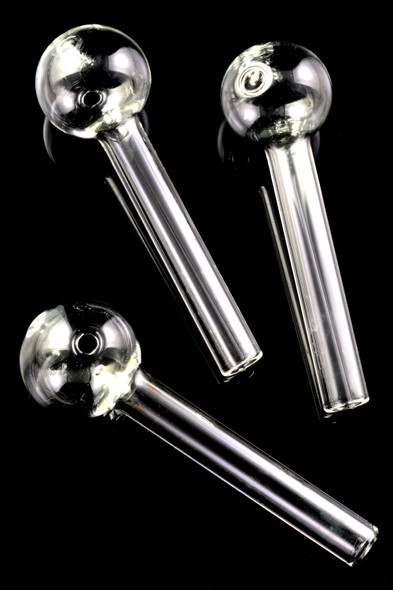 Three clear thin glass straight oil burner pipes on black background, round bowls visible; wholesale smoke shop product view.
