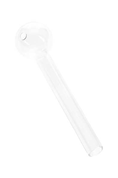 US-made 4-inch clear thin glass straight oil burner pipe, round bowl detail, white backdrop; retail smoke gear catalog image.