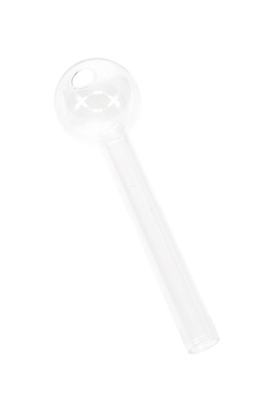 US-made 4-inch clear thin glass straight oil burner pipe, round bowl detail, white backdrop; retail smoke gear catalog image.