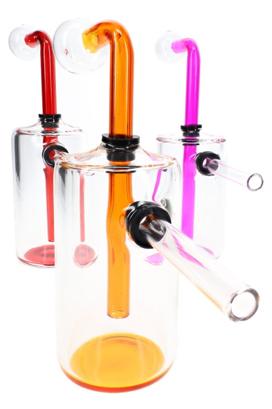 Three 4.5" colorful glass oil burner rigs for wholesale smoke shop displays in red, orange, and pink