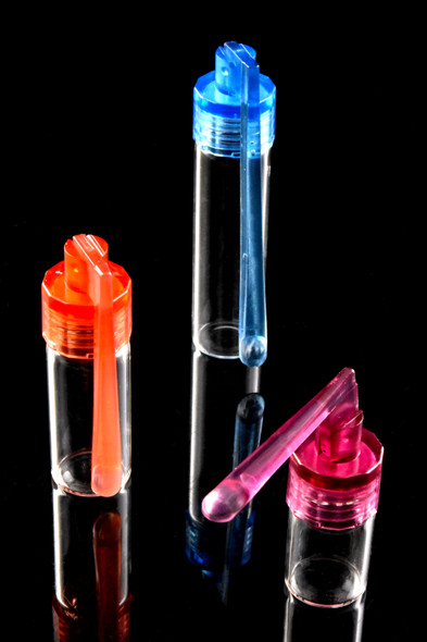 38–67 mm glass snuff vials with red, blue & pink screw lids and built-in spoons, angled black background wholesale photo