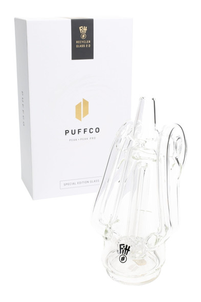 Ryan Fitt Recycler 2.0 glass with retail box, clear finish—shelf-ready Puffco attachment for smoke-shop buyers and display cases.