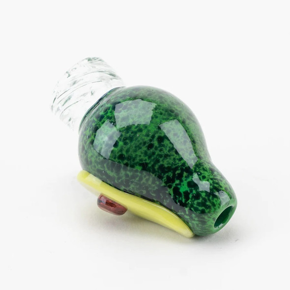 Green speckled avocado spinner carb cap, borosilicate glass, wholesale smoke-shop piece, 2.25" length, angled top view on white.