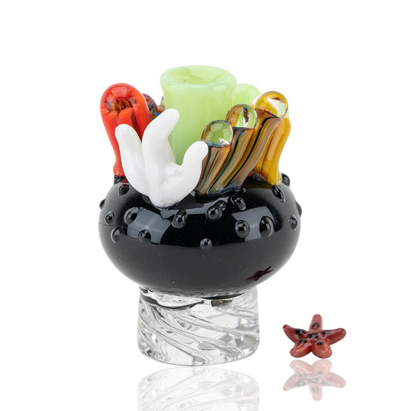 Front view coral reef spinner cap with black base, multicolor coral details and red starfish bead, 2" glass, wholesale dab accessory on white.