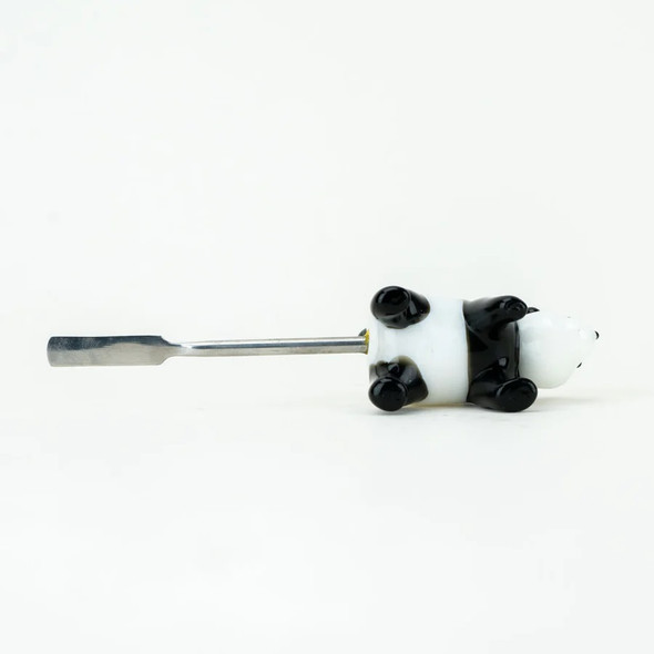 Bulk panda glass dabber side profile lying on white backdrop, stainless spatula tip and four legs visible, 4.5-inch accessory