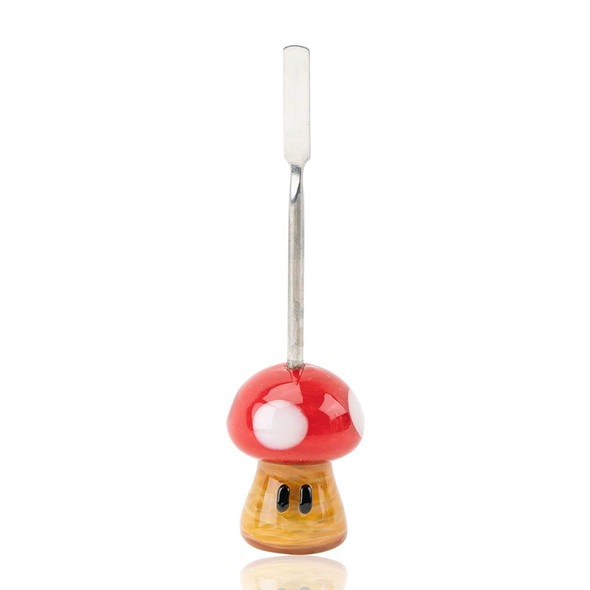 Bulk head-shop mushroom dabber front view, red cap, flat steel paddle tip, amber base with cartoon eyes, 4-inch novelty tool