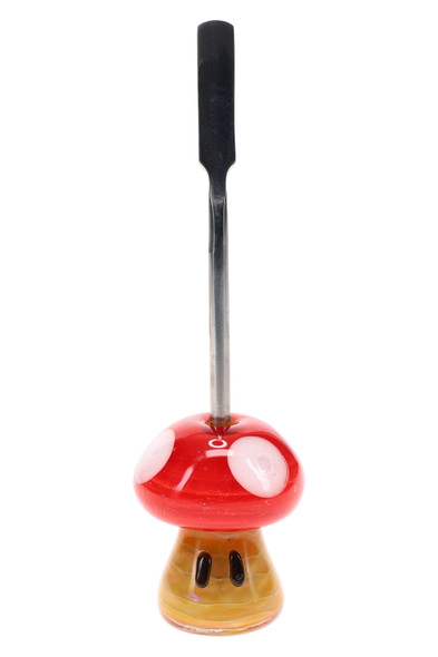 Wholesale mushroom dabber close up, glossy red cap, amber stem, stainless spatula tip, vertical 4-inch accessory photo