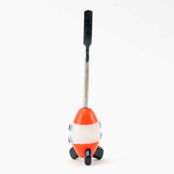 Head-shop rocket dab tool with red-white glass body, blue portholes, black legs and 4.5-inch steel tip, front angle