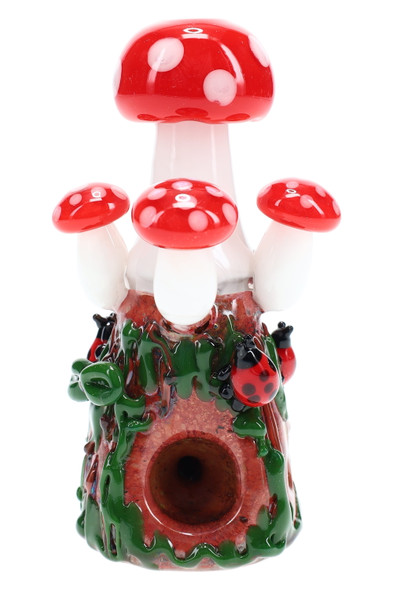 Red toadstool cluster dry pipe with vines and ladybug appliqués, upright front angle on white; US-made head-shop glass, compact 4" worked design.