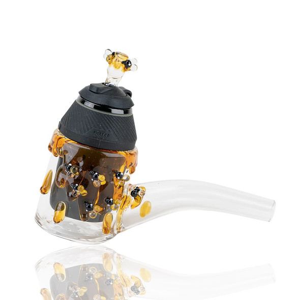 Bee Hive Proxy Sherlock installed on Puffco; three-quarter view shows amber honey wrap, bee accents and clear curved stem for head-shop display.