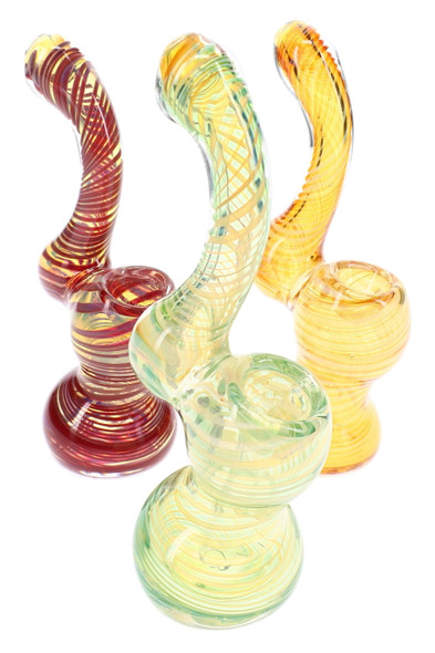 Assorted mini spiral striped color-changing glass Sherlock bubblers with curved necks for retail displays