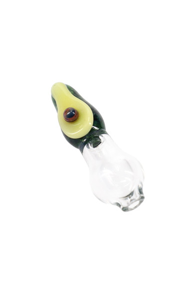 Avocado-theme glass Peak Pro ball cap for head-shop buyers; green peel texture, brown pit, clear base, angled white background, approx. 1 inch.
