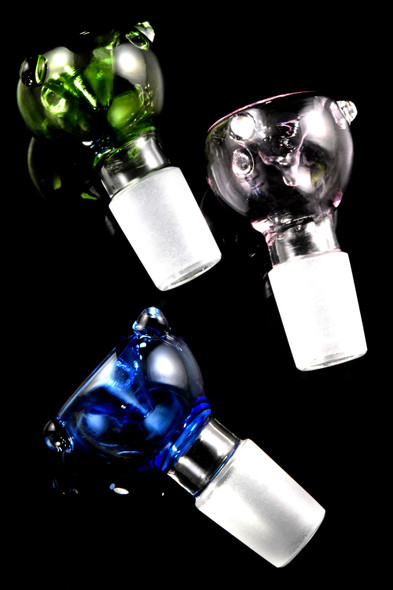 Wholesale 18mm male colored glass dry herb bowls for head shop resale.