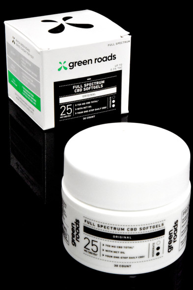 Wholesale 30ct jar of full spectrum CBD soft gels made by Green Roads.