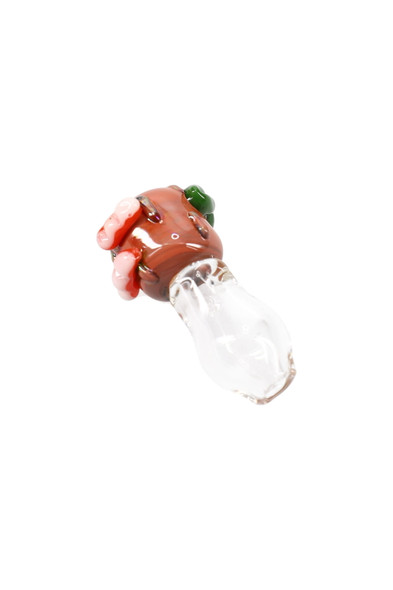 US-made Hootie owl Puffco Proxy glass ball cap; angled white-background view shows brown top, pink talons, green leaf accents for head-shop buyers.