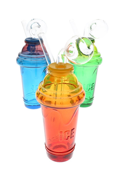 Trio of 4.5" colored glass ice cream cup oil burner rigs with clear domes—wholesale smoke shop display, angled studio view.