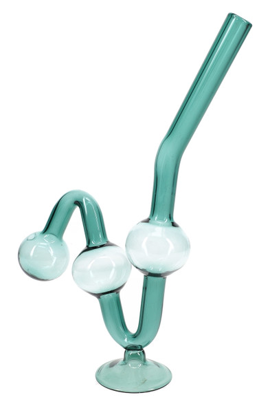 Teal glass oil burner with triple bubble chambers and pedestal base, studio photo for bulk shop restocks.