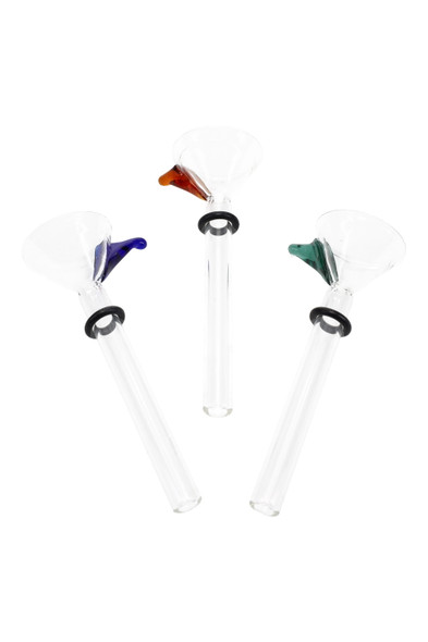 US-made standard male glass slide with blue, green and amber handle tabs; 4" bowl stem with grommet ring for wholesale head-shop replacements.